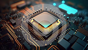 Central computer processors CPU on motherboard, technology background, chip on board, digital computer science with Generative Ai