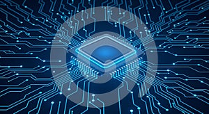 Central CPU chip on a glowing blue circuit board