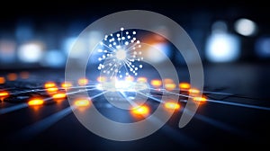 Central digital network hub with connected nodes representing cloud computing, data sharing and distributed communication systems.