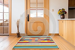 central door with a colorful handwoven doormat