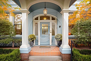 central door with portico, elegant colonial, lush shrubbery