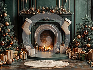 Central empty 3D podium surrounded by personalized Christmas gifts, such as engraved ornaments and custom stockings photo