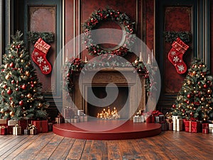 Central empty 3D podium surrounded by personalized Christmas gifts, such as engraved ornaments and custom stockings photo