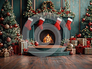 Central empty 3D podium surrounded by personalized Christmas gifts, such as engraved ornaments and custom stockings photo