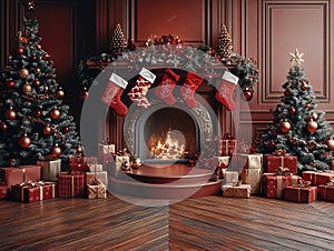 Central empty 3D podium surrounded by personalized Christmas gifts, such as engraved ornaments and custom stockings photo