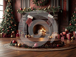 Central empty 3D podium surrounded by personalized Christmas gifts, such as engraved ornaments and custom stockings photo