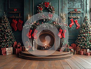 Central empty 3D podium surrounded by personalized Christmas gifts, such as engraved ornaments and custom stockings photo