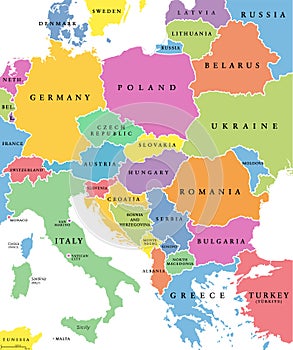 Central Europe, colored countries, political map with national borders