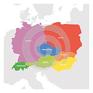 Central Europe Region. Colorful map of countries in central part of Europe. Vector illustration