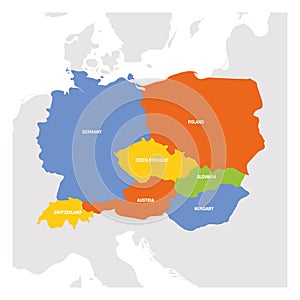 Central Europe Region. Map of countries in central part of Europe. Vector illustration