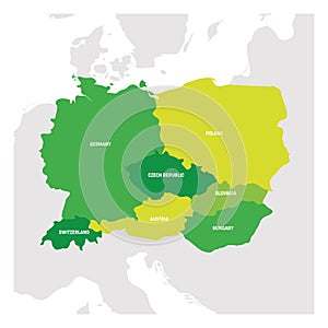 Central Europe Region. Map of countries in central part of Europe. Vector illustration
