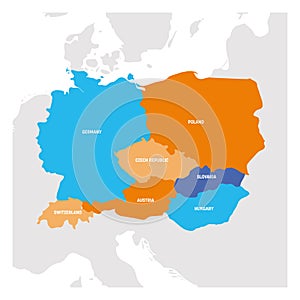 Central Europe Region. Map of countries in central part of Europe. Vector illustration