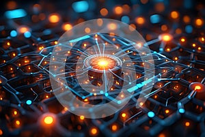 A central glowing core illuminates a complex digital network