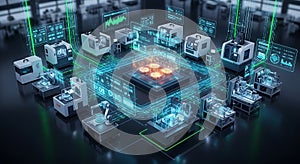 Advanced futuristic microchip technology with interconnected components and glowing data streams