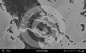 Central Greece Region outlined, Greece. Grayscale