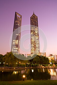 SWFC - Shanghai World Financial center left and Jinmao Tower right at dusk
