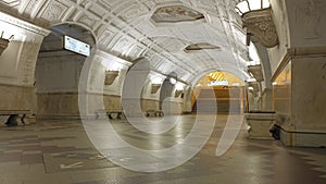 Central hall of Belorusskaya Koltsevaya metro station in Moscow, Russia. Interior view with no people.