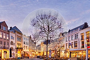 The central historic square Plaats with bars and restaurants decorated with christmas lights in the city center of The Hague, The