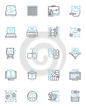 Central hub linear icons set. Connectivity, Nerking, Convergence, Centralization, Integration, Unification, Organization