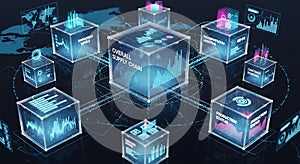 Abstract glowing digital cubes interconnected in a network representing blockchain technology and data flow