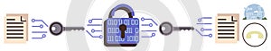 Data Encryption Process with Keys, Binary Code, and Secure Transmission Concept