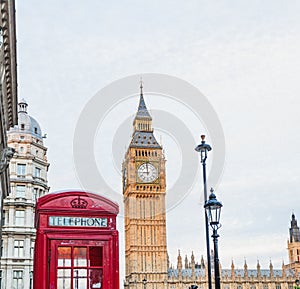 Central London, England with famous landmark sights Big Ben and
