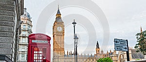 Central London, England with famous landmark sights Big Ben and