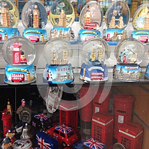 Central London Shop window full of snow globes