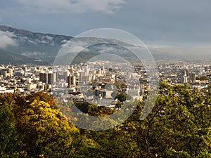 Central Matsumoto city at sunset, scenic view from Joyama park observation tower