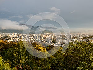 Central Matsumoto city at sunset, scenic view from Joyama park observation tower