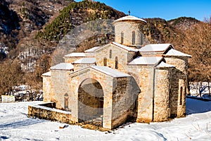 Central medieval church in Arkhyz in winter
