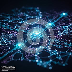 Central microchip emits glowing lines, representing data flow or connectivity