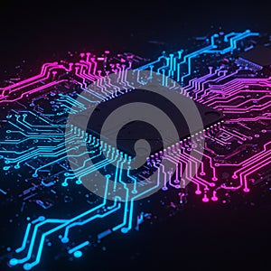 A central microchip on a printed circuit board with glowing neon pathways. The