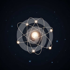 With a central nucleus and multiple orbiting electrons, represented by