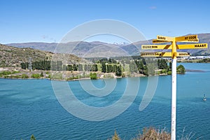 Central Otago town of Cromwell on bend in turquoise  Clutha and Kawarau Rivers in Central Otago New Zealand