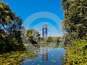 Central Park Autumn and buildings reflection over the lake in Rheinaue park in the city of Bonn