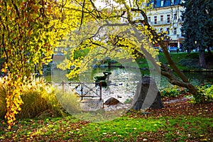 Central park in autumn - center of small west Bohemian spa town Marianske Lazne Marienbad - Czech Republic