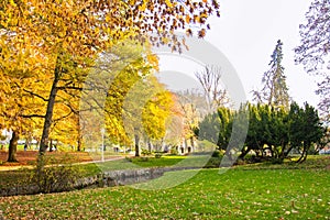 Central park in autumn - center of small west Bohemian spa town Marianske Lazne Marienbad - Czech Republic