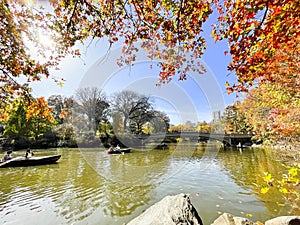 Central park lake with boats, autumn, New York city, USA