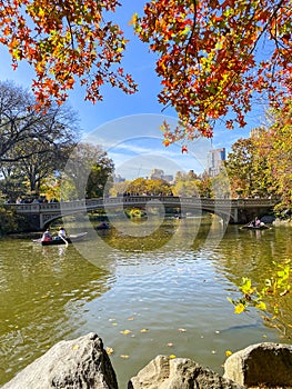 Central park lake with boats, autumn, New York city, USA