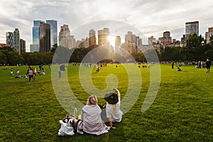 Central Park life in New York at sunset