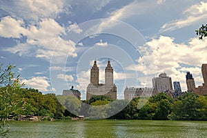 central park of new york. Beautiful view of the Jacqueline Kennedy Onassis Reservoir in urban park. city landscape of