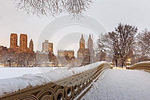 Central Park - New York City bow bridge after snow storm