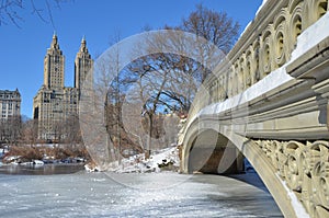 Central Park, New York City bow bridge in the winter. New York.