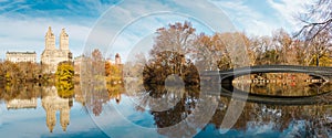 Central Park pond and  Bow bridge in winter. New York. USA