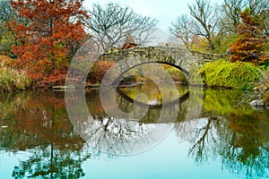 Central Park pond and Gapstow bridge in winter. New York. USA