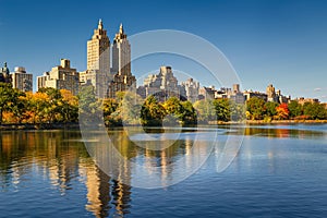 Central Park Reservoir, fall foliage and Upper West Side. Manhattan, New York City