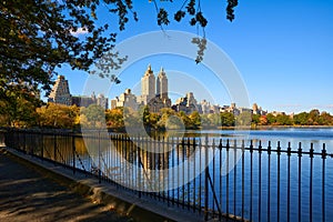 Central Park Reservoir and Upper West Side buildings in Fall. Manhattan, New York City