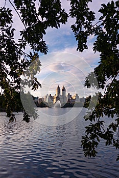 Central Park Reservoir and the Upper West Side Skyline Framed by Trees in New York City