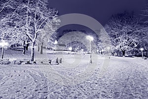 Central park in Riga, Latvia at winter night